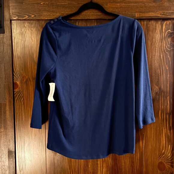 Charter Club Petite Navy Blue Pima Cotton Button-Shoulder 3/4 Sleeve Top NWT - Picture 3 of 4